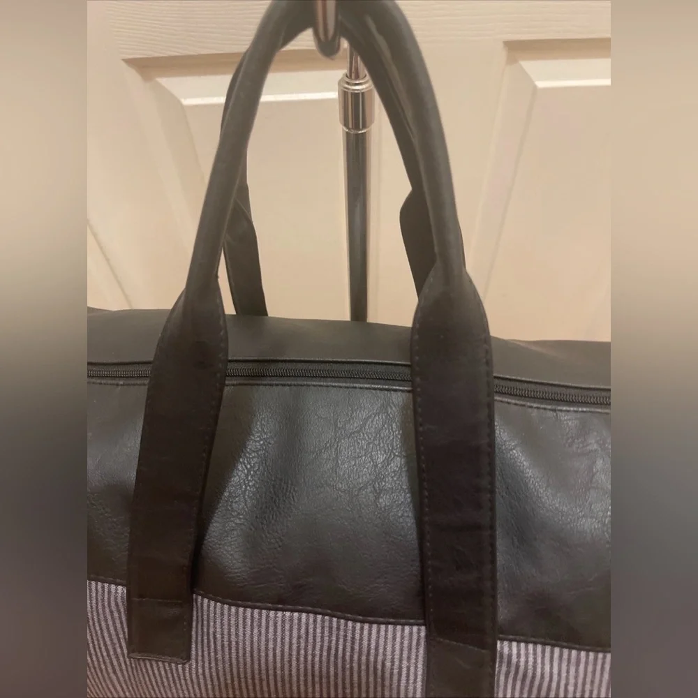 John Varvatos Mono Duffel Bag Men's Striped Black Travel Gym Carry On Gift Bag